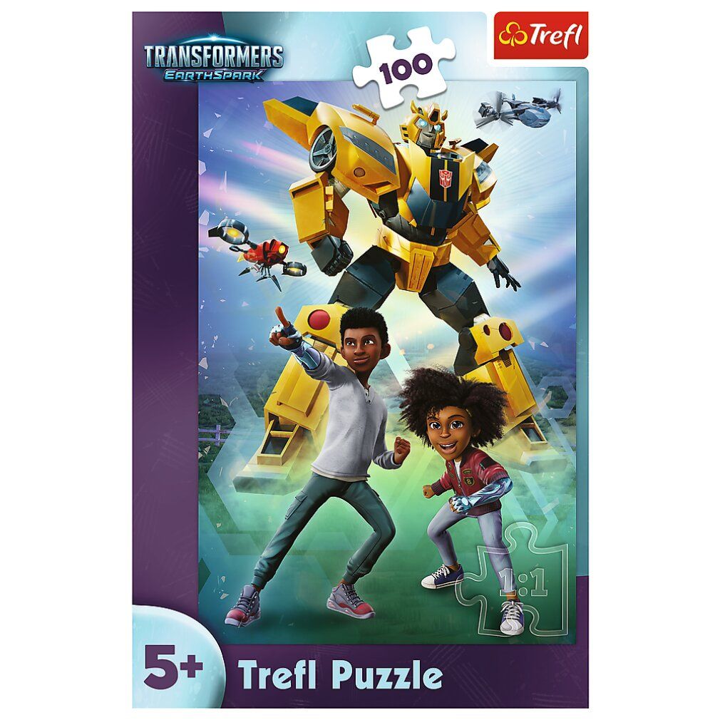 Puzzle Trefl, 100 pezzi, motivo Transformers. Confezione con robot giallo, due bambini e logo. Età consigliata 5+.