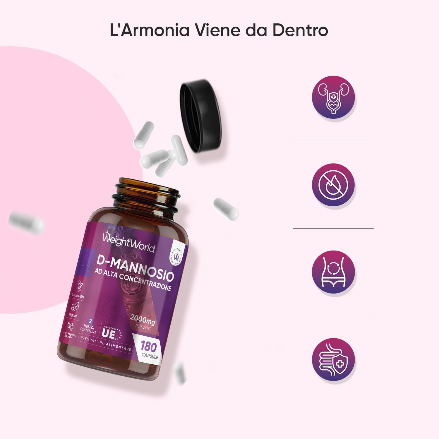 Donna incinta che tiene un flacone di capsule di D-Mannosio. Testo: La Libertà di Essere. Logo: WeightWorld.