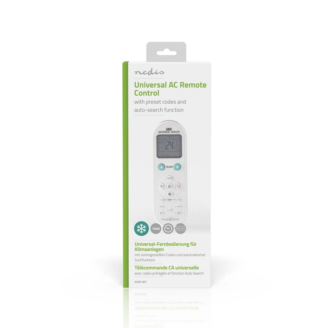 Confezione del telecomando. Testo: Universal AC Remote Control, con preimpostazioni e funzione di ricerca automatica. Marchio: Nedis.