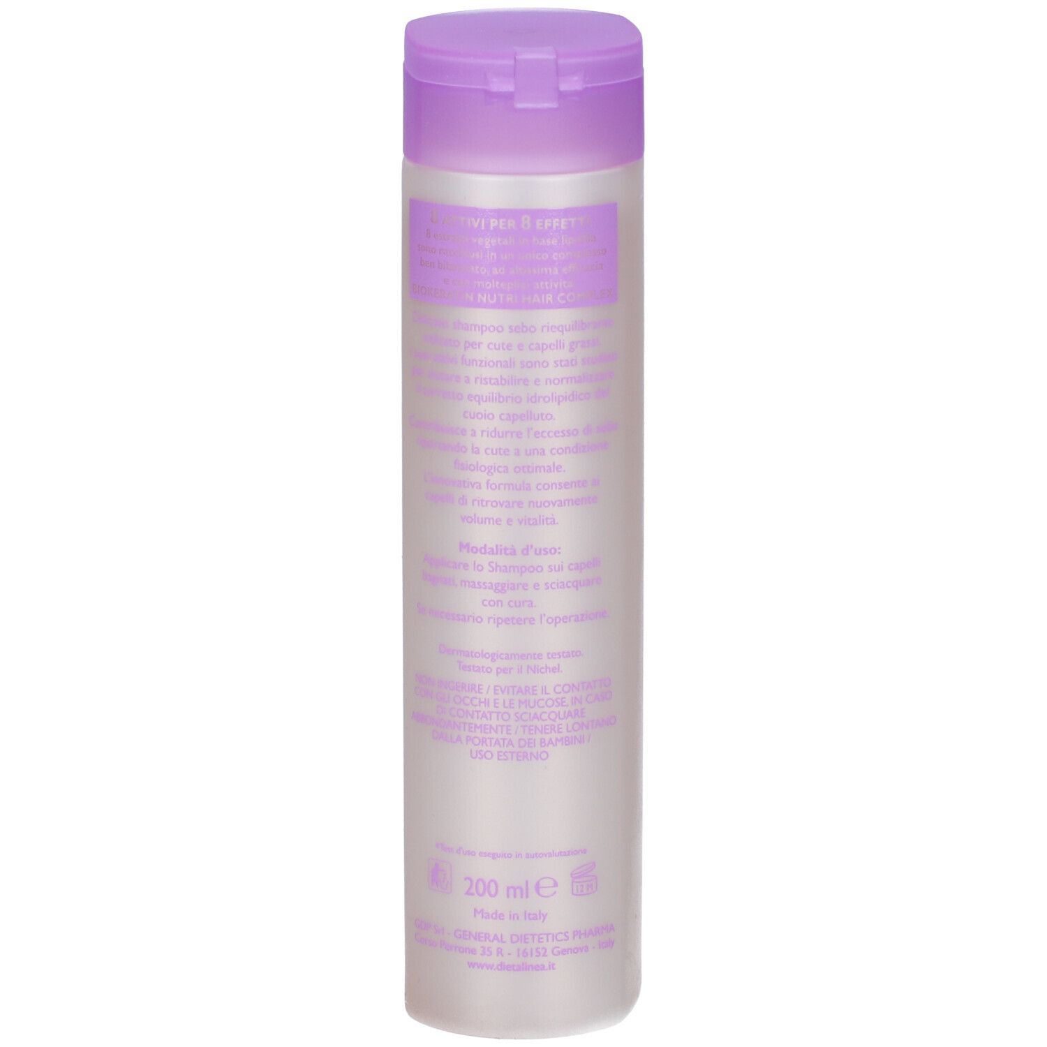 Retro di un flacone con tappo viola. Testo in italiano. Volume: 200 ml. Marchio: Dietalinea.