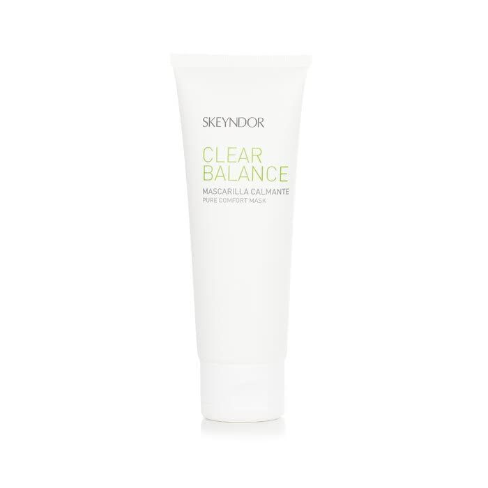 Tubo bianco con testo verde: CLEAR BALANCE, Mascarilla Calmante. Marchio: SKEYNDOR. Scritta: Pure Comfort Mask.