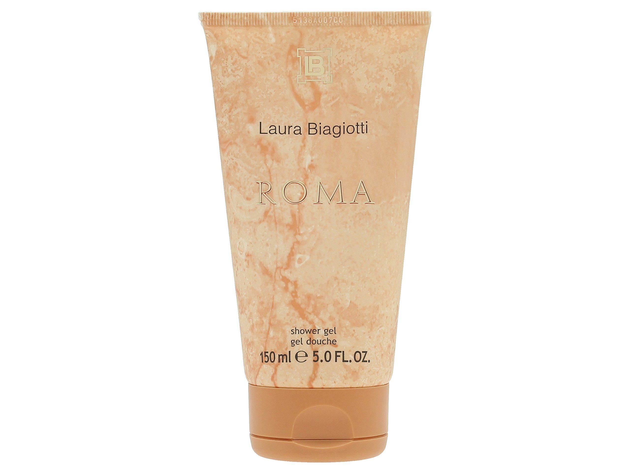 Tubo beige di gel doccia Laura Biagiotti Roma. Tappo marrone. Testo: Roma, gel doccia, 150 ml.
