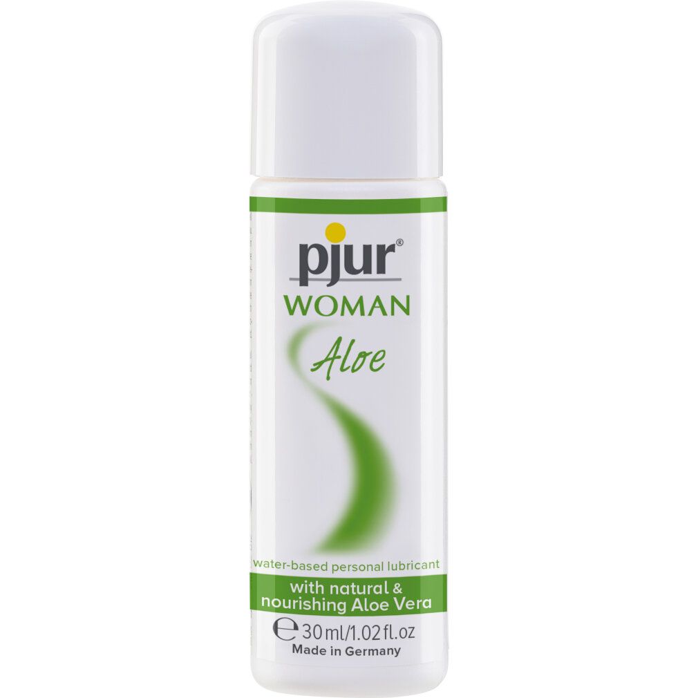 Flacone bianco con etichetta verde. Scritta: pjur WOMAN Aloe. Contiene 30ml/1.02 fl.oz. Lubrificante a base d'acqua.