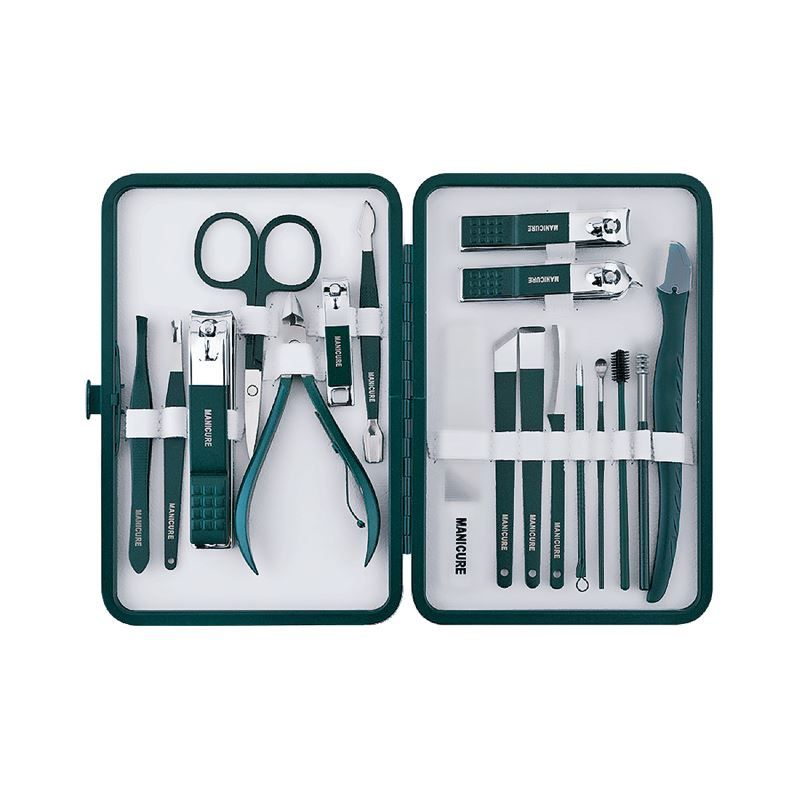 Set manicure verde scuro con 16 strumenti in una custodia pieghevole.
