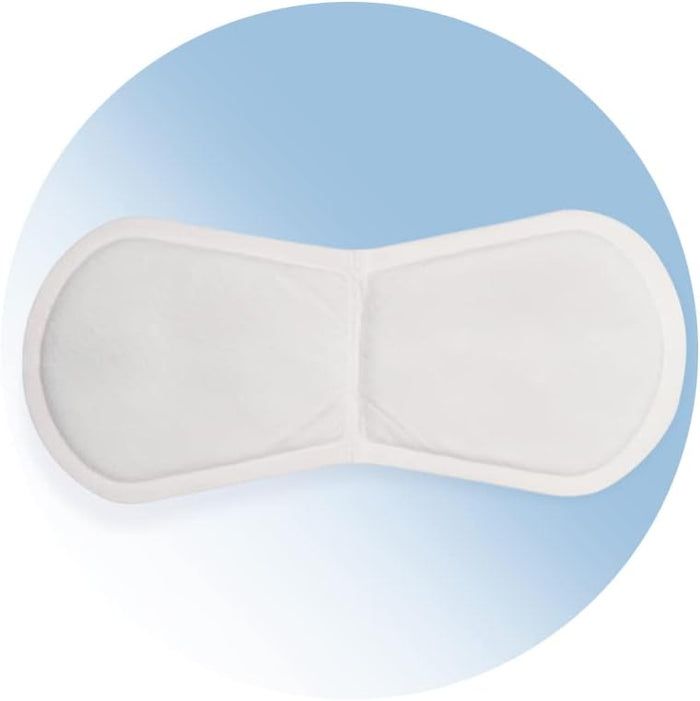 Cerotto riscaldante bianco, forma ovale con due parti collegate. Su sfondo blu. Nessun altro dettaglio.