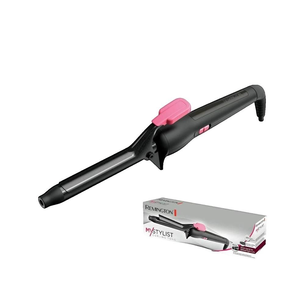 Arricciacapelli nero con dettagli rosa. Confezione con immagine del prodotto e testo. Remington.