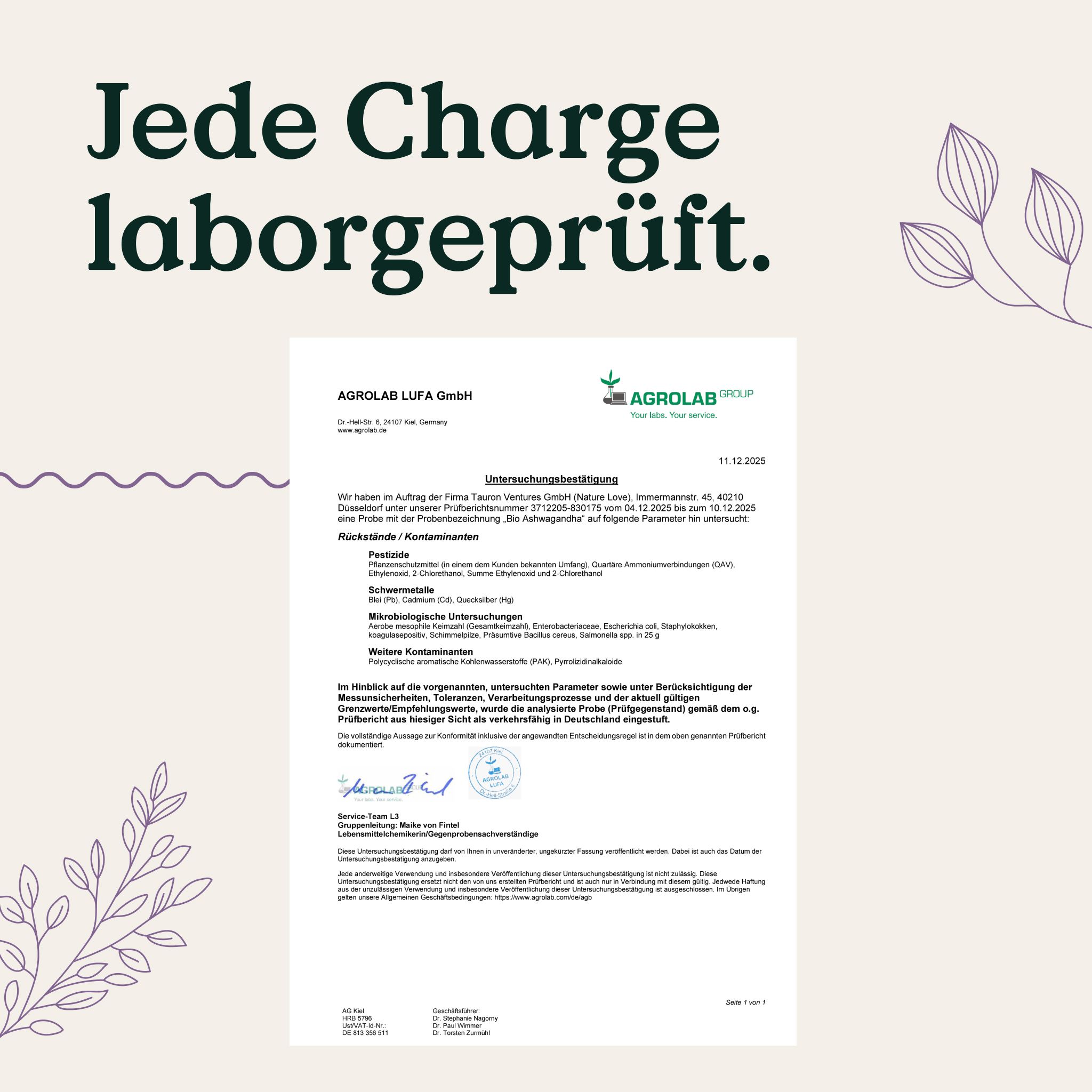 Rapporto di laboratorio AgroLab sul test del Bio Ashwagandha NATURE LOVE, data 14.12.2021.