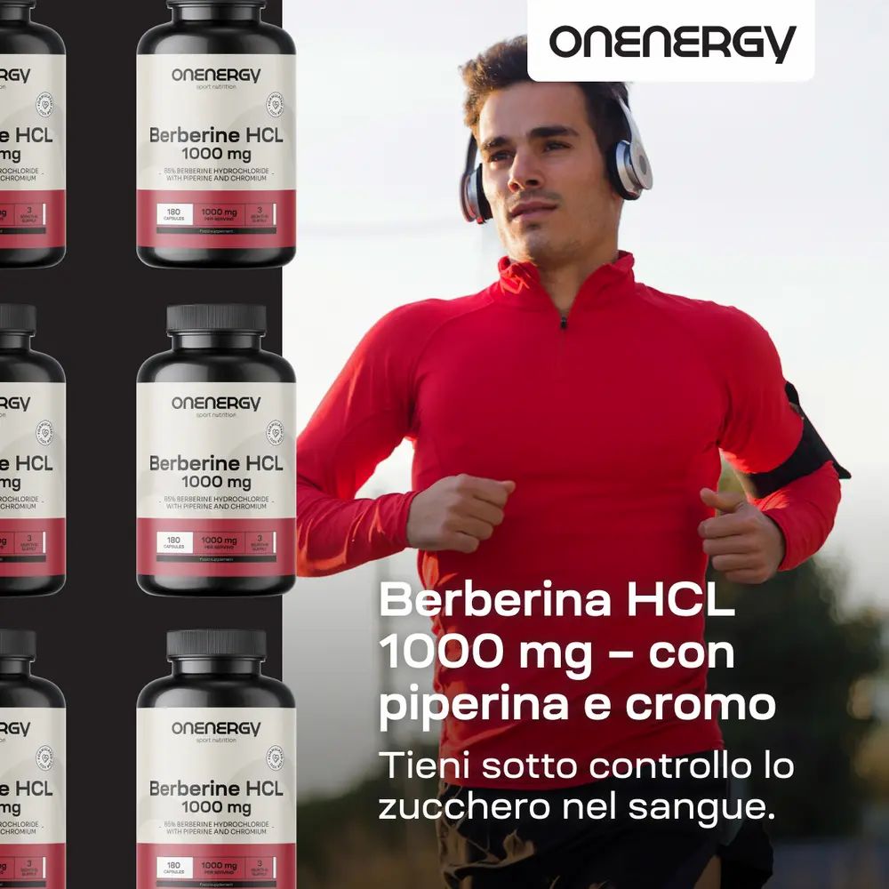 Uomo che corre. Sfondo: flaconi OnEnergy Berberina HCL 1000 mg. Testo: Berberina HCL 1000 mg - con piperina e cromo.