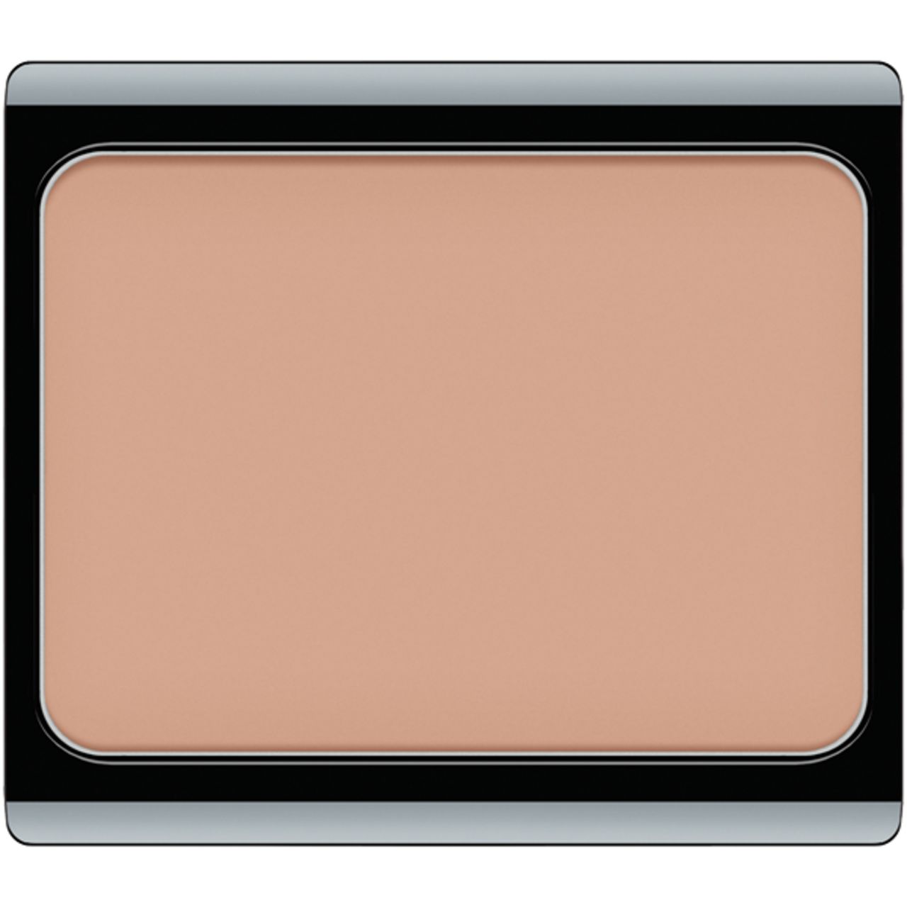 Crema rettangolare in un contenitore nero e argento. La crema è di colore beige.