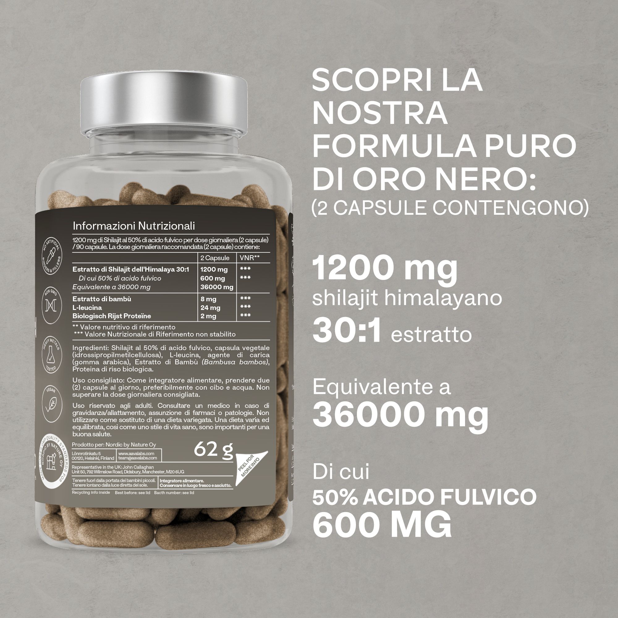 Retro del flacone di capsule. Testo: informazioni nutrizionali, ingredienti, dosaggio.