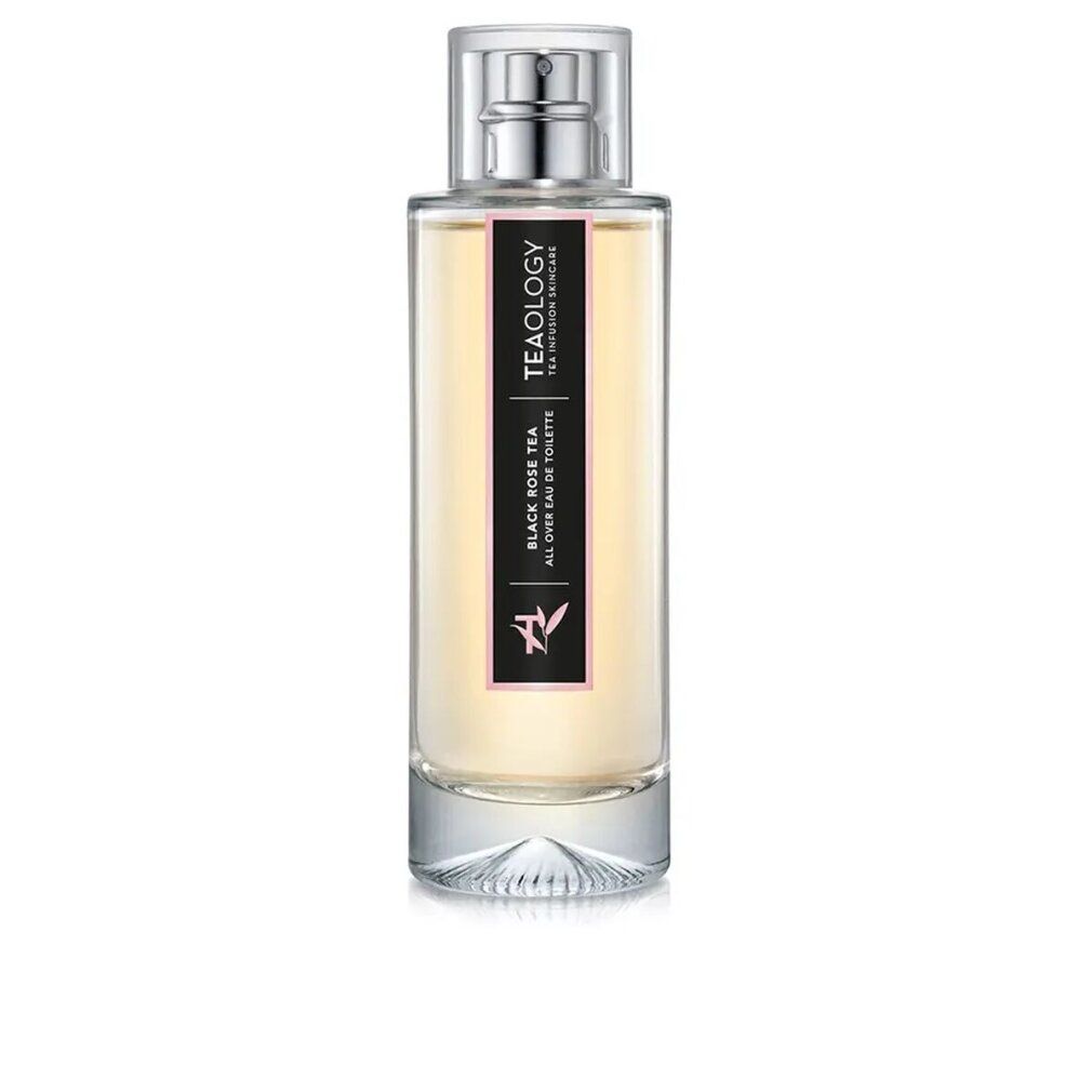 Flacone in vetro con vaporizzatore. Etichetta nera con logo e testo: BLACK ROSE TEA, ALL OVER EAU DE TOILETTE. TEAOLOGY.