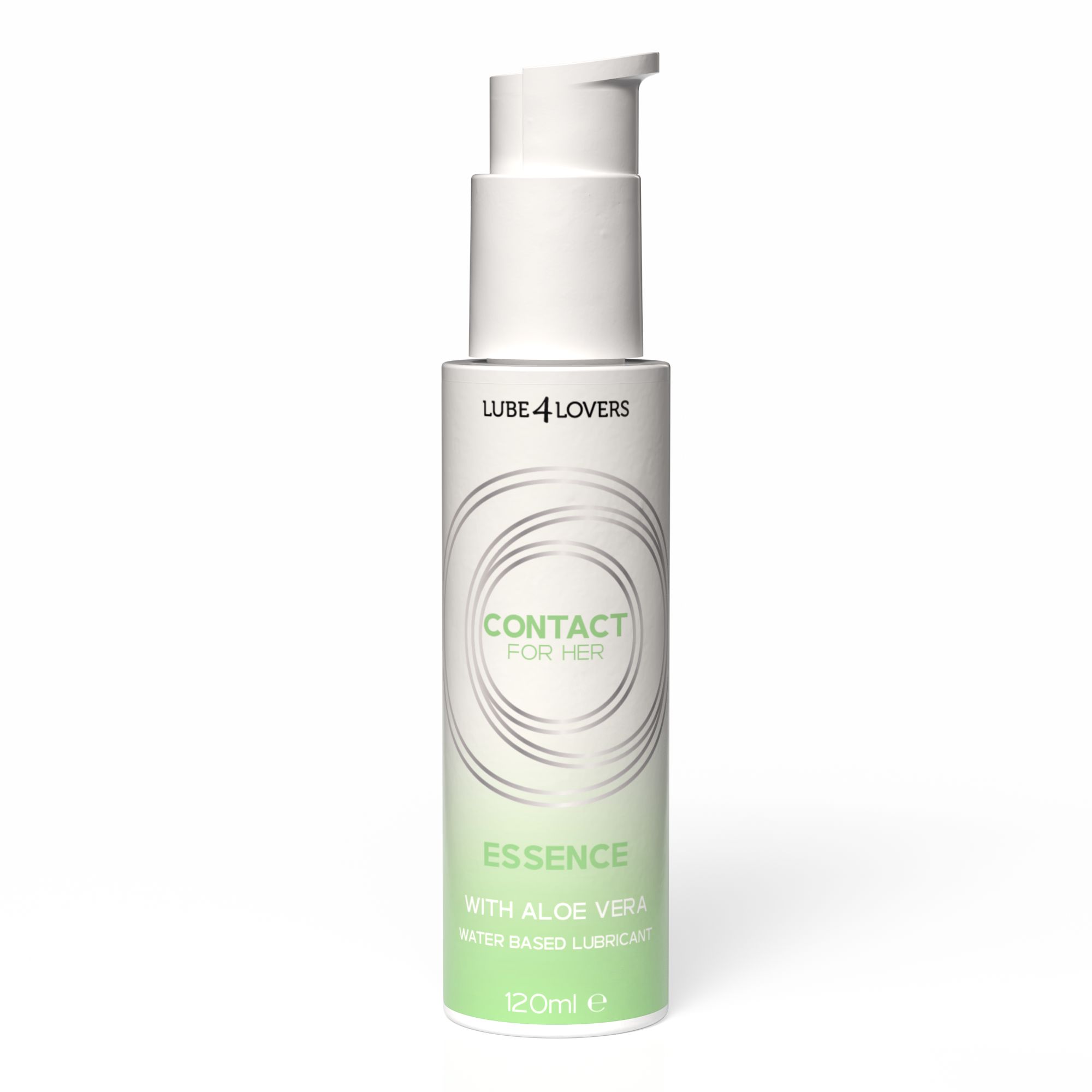 Flacone con testo. Scritta: Contact for Her Essence, con Aloe Vera, lubrificante a base d'acqua. 120ml.