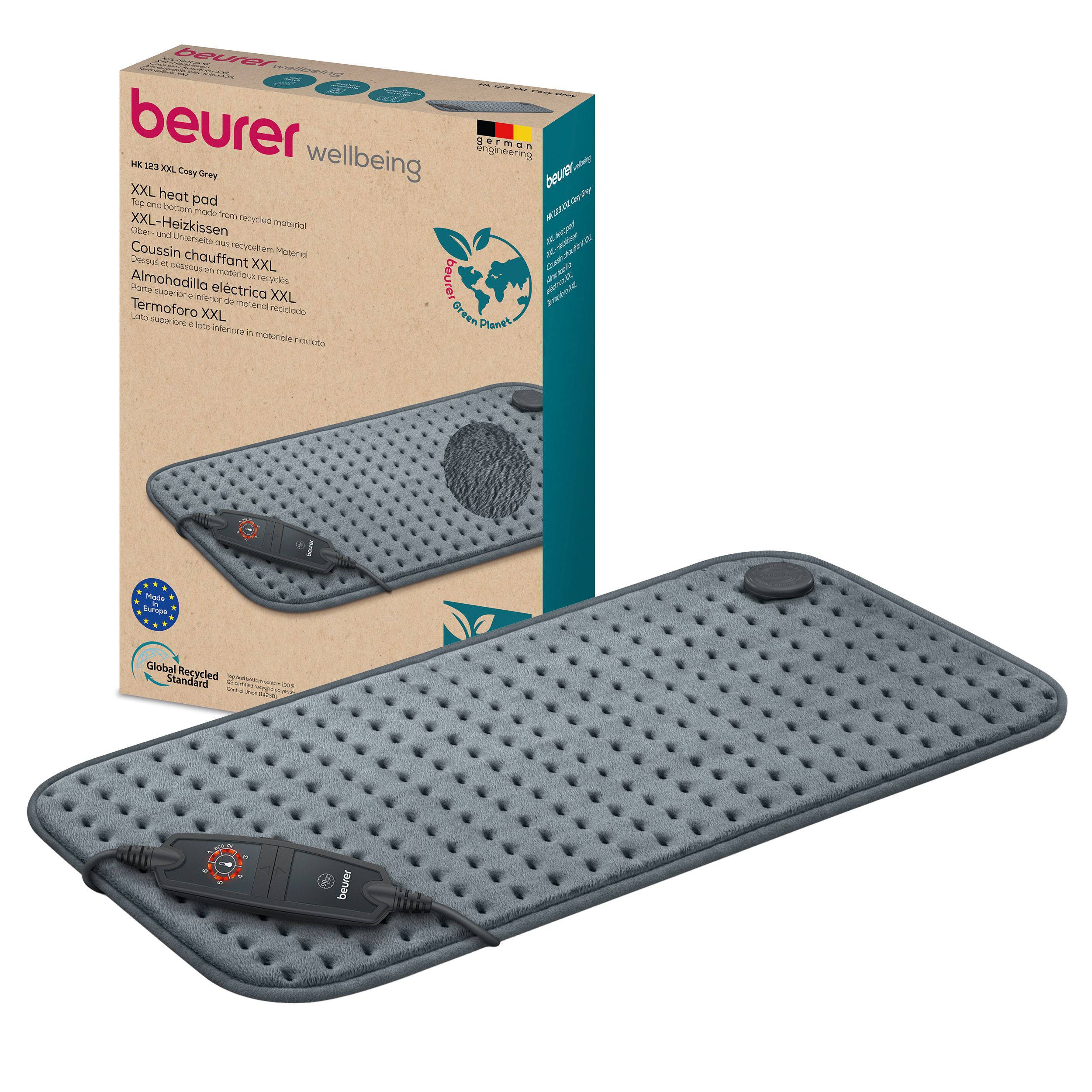Cuscino riscaldante grigio con controllo e confezione. Confezione con nome e logo del prodotto. Etichetta di riciclaggio.