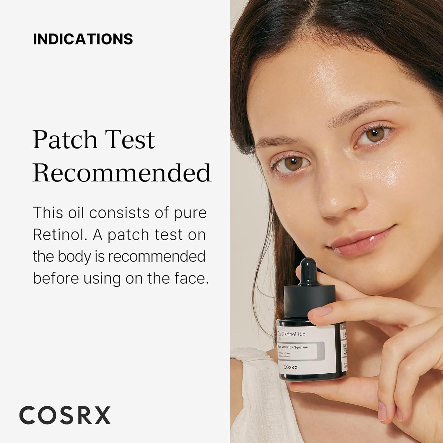 Donna tiene in mano un flacone con contagocce. Scritta: The Retinol 0.5. Logo COSRX. Testo: Patch Test Recommended.