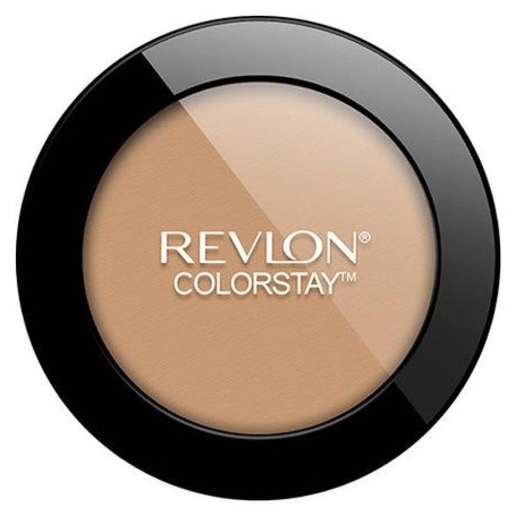Cipria compatta rotonda in un contenitore nero. Due tonalità. REVLON COLORSTAY è visibile.