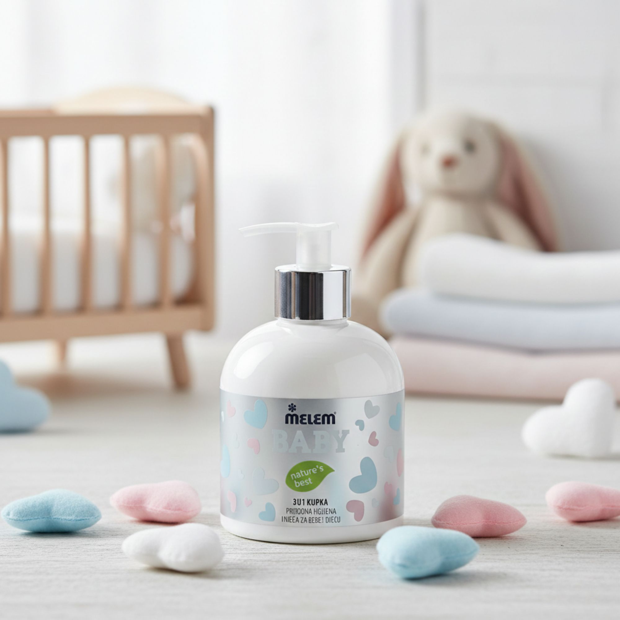 Flacone bianco con dosatore, etichetta BABY. Su una superficie con giocattoli e accessori per bambini.