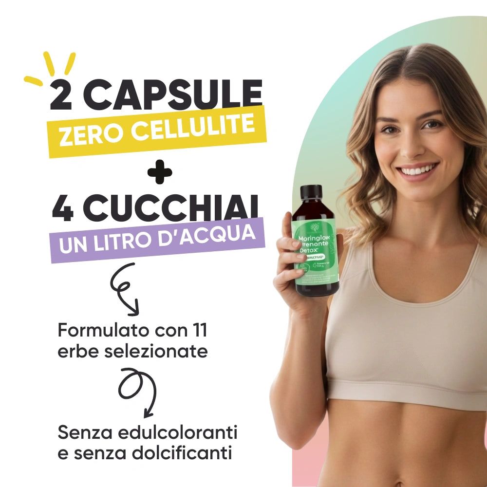 Una donna tiene in mano una bottiglia. Testo: 2 capsule + 4 cucchiai d'acqua. Formulato con 11 erbe. Senza coloranti e dolcificanti.