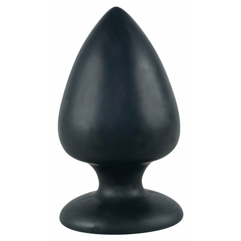 Plug anale nero, forma conica, base ampia. Superficie liscia, in silicone.