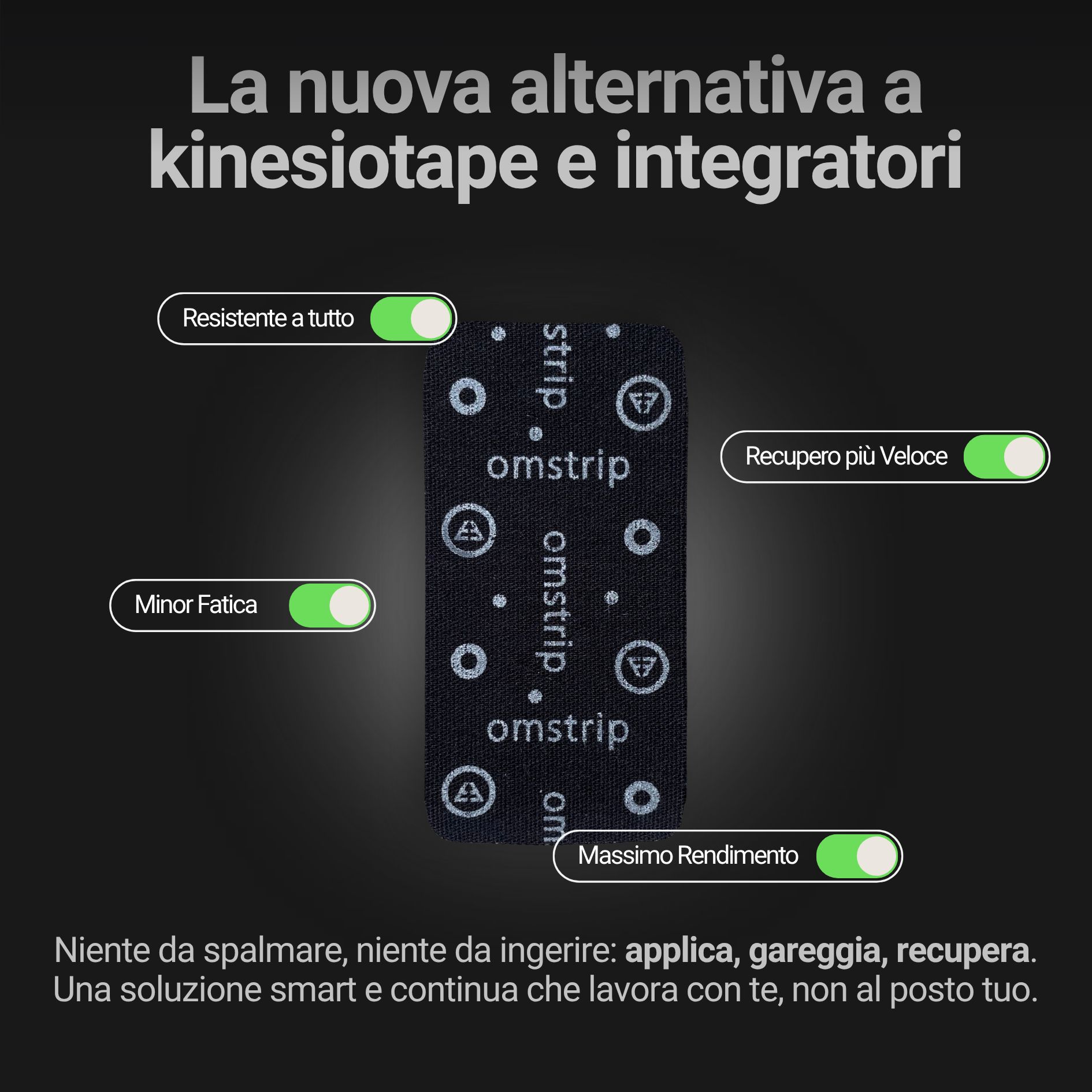 Striscia nera con testo e logo bianchi. Testo: La nuova alternativa a kinesiotape e integratori. Grafici.