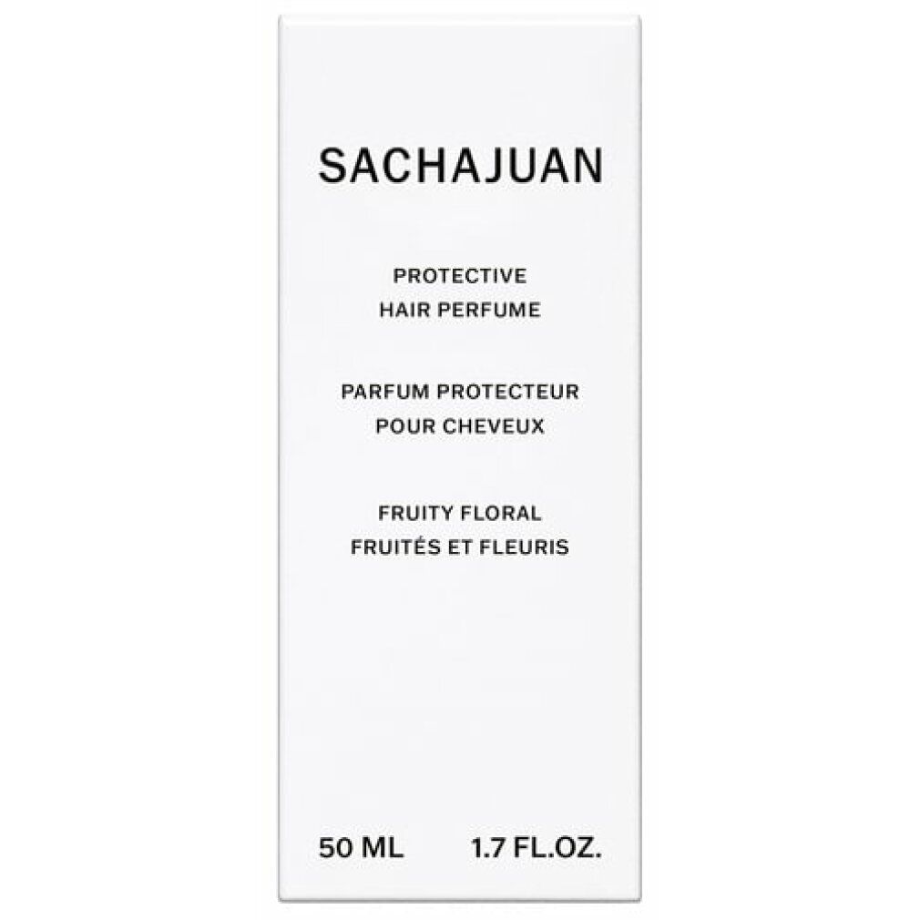 Confezione bianca con "SACHAJUAN", "PROTECTIVE HAIR PERFUME", "PARFUM PROTECTEUR POUR CHEVEUX", "FRUITY FLORAL", "50 ML" e "1.7 FL.OZ.".