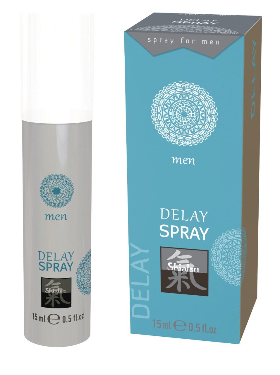 Shiatsu Delay Spray per uomo, 15ml. Flacone e confezione.