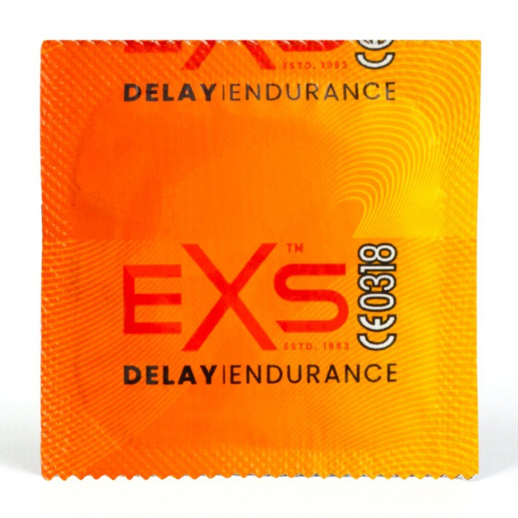 Confezione singola di un preservativo EXS Delay Endurance, arancione con logo.