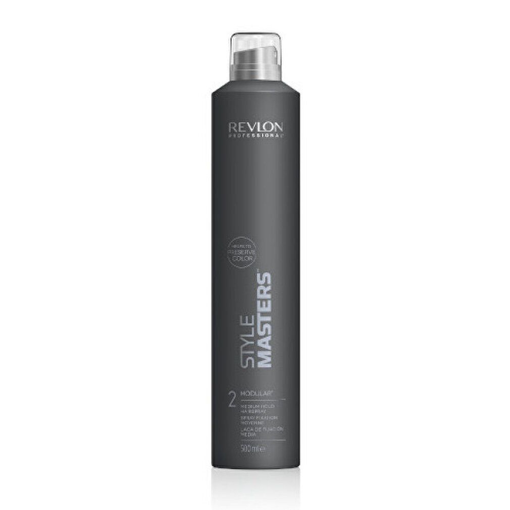 Flacone spray grigio con tappo bianco. Scritte: Revlon Professional, Style Masters, Modular 2, Medium Hold. 250ml.
