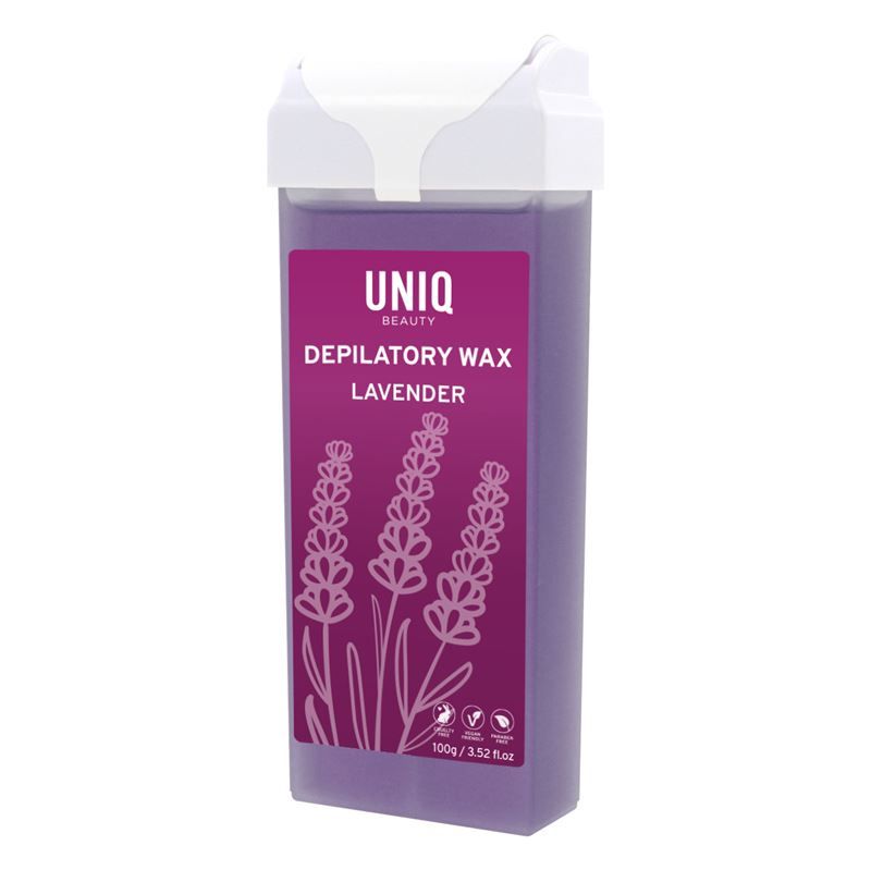 Cartuccia di cera depilatoria UNIQ Lavendel. Contenitore di cera viola con coperchio bianco. Etichetta con nome e illustrazione lavanda.