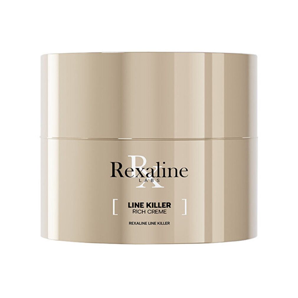 Vaso di crema beige con scritta nera: Rexaline Labs, Line Killer Rich Creme. Design lucido.