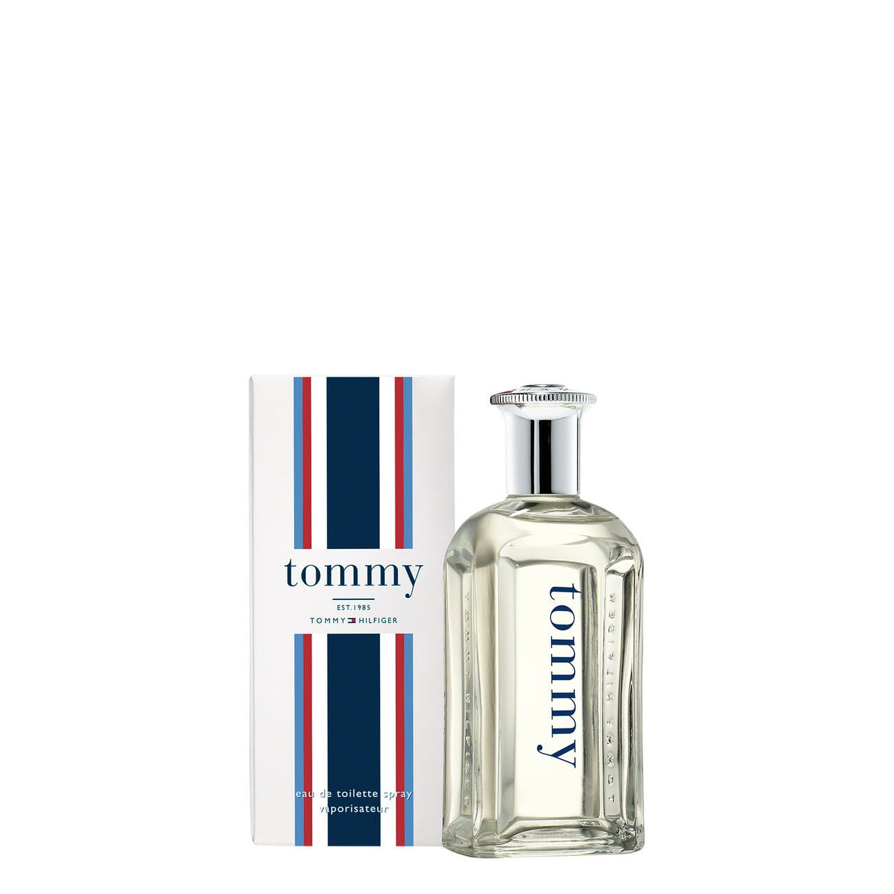 Flacone e confezione Eau de Toilette. Flacone con scritta blu "tommy". Confezione con strisce blu e rosse e scritta "tommy".
