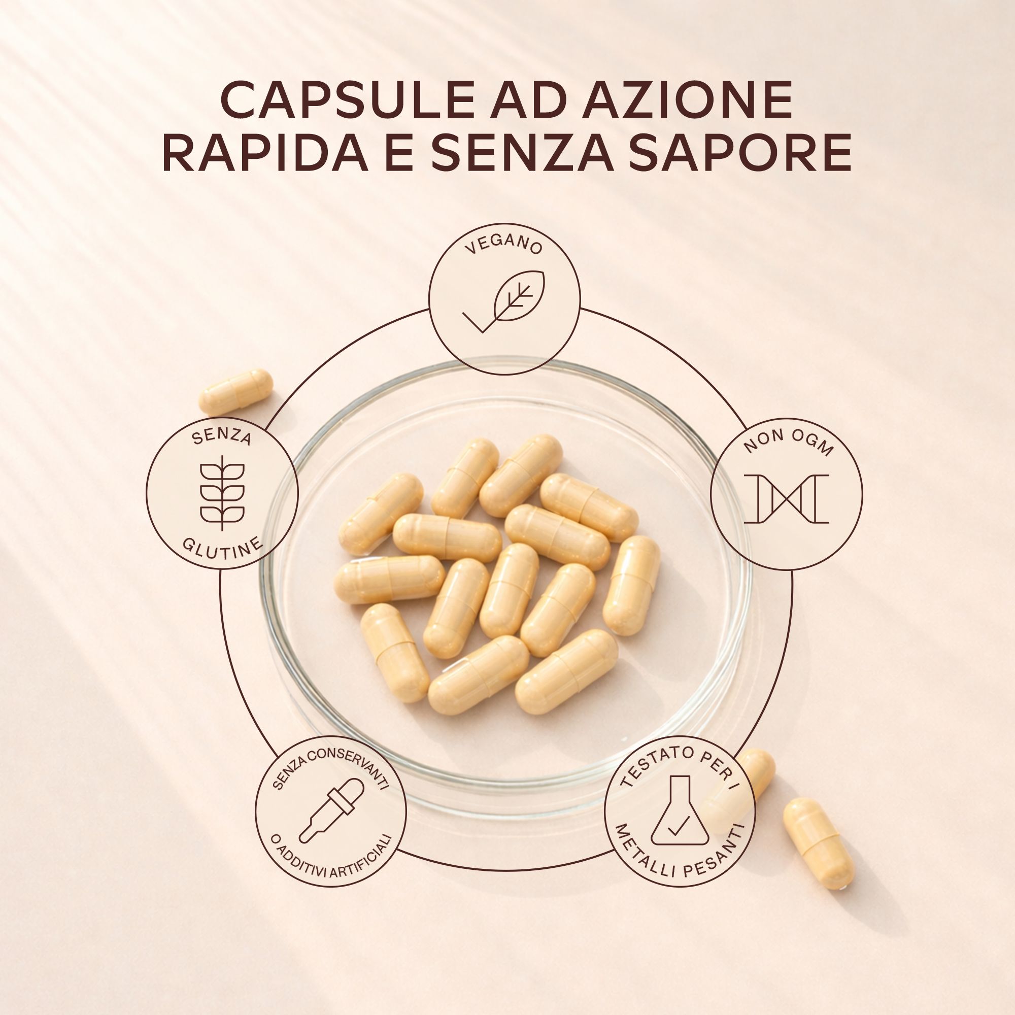 Capsule di acido folico Aavalabs. Capsule in una ciotola. Vegano, senza glutine, senza conservanti.