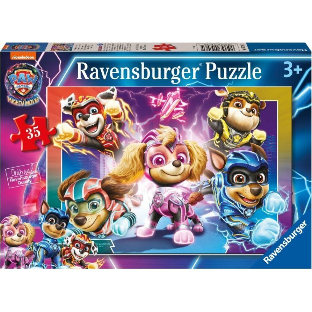 Scatola puzzle Paw Patrol. Contiene 35 pezzi. Marchio Ravensburger. Per bambini dai 3 anni. Immagine di cani in costume da supereroi.