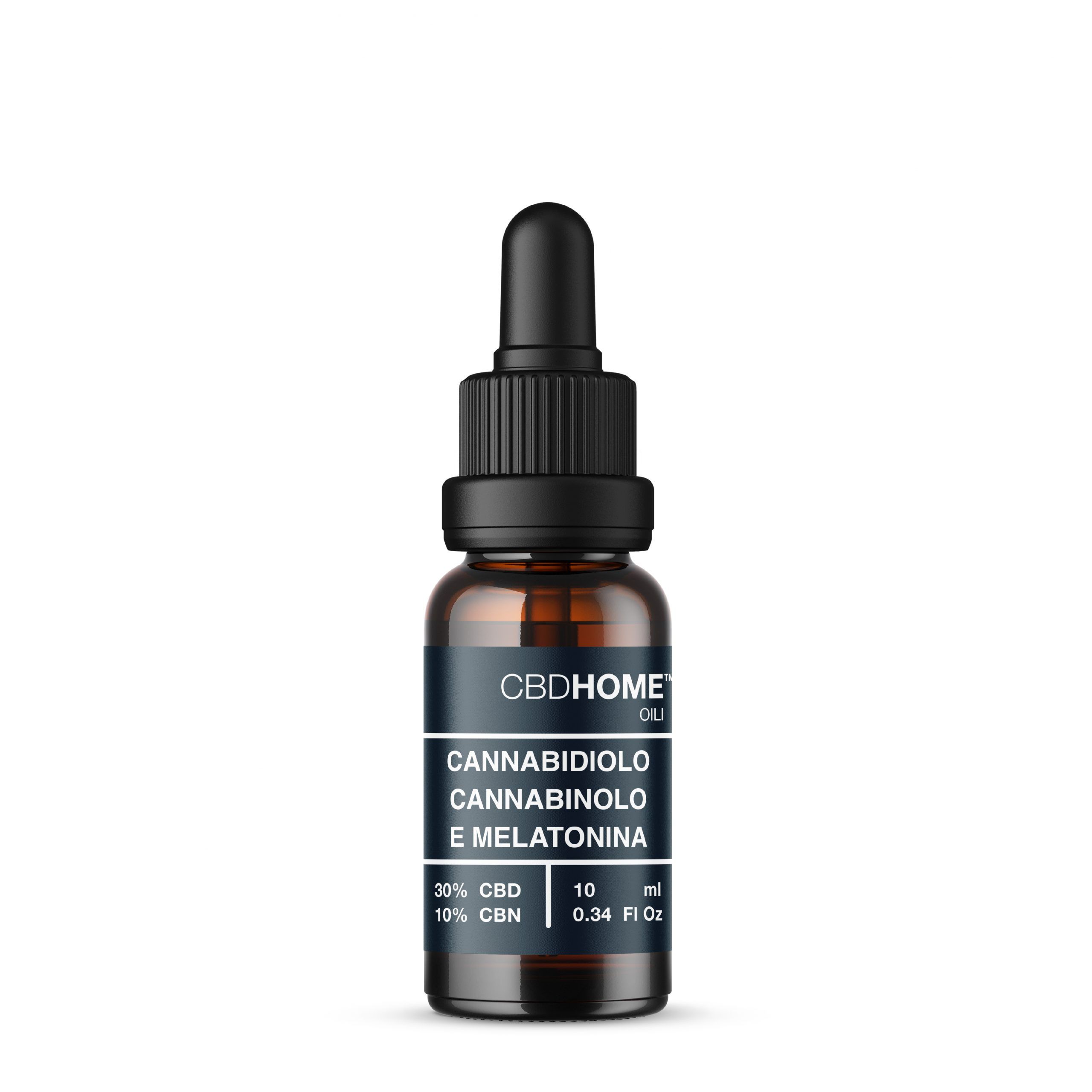 Flacone di olio CBD HOME con contagocce. Contiene 30% CBD, 10% CBN, Melatonina.