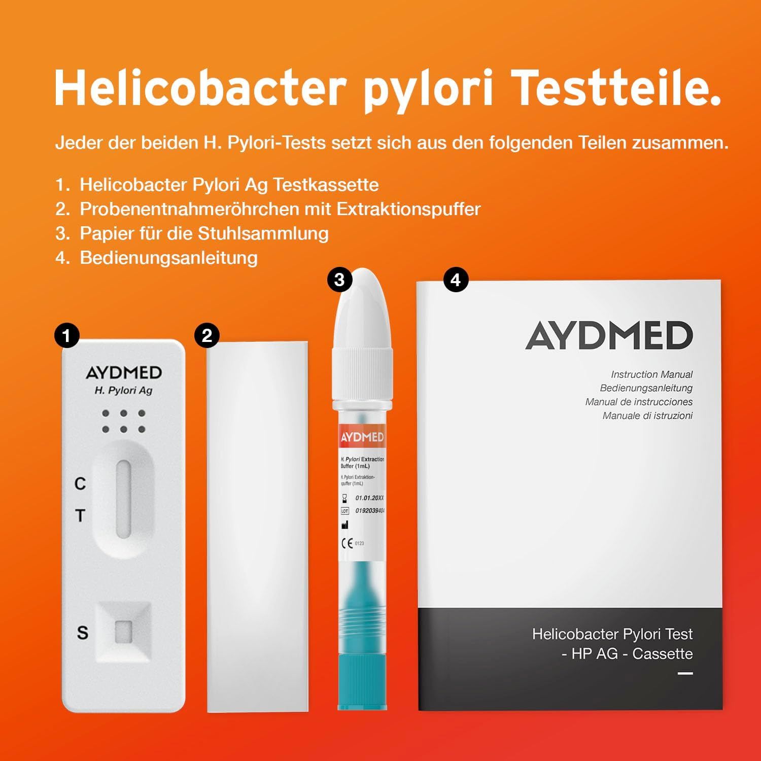 Componenti del test elencati. Testo: Cassetta di test Helicobacter Pylori Ag, provetta, carta, manuale. Logo AYDMED.
