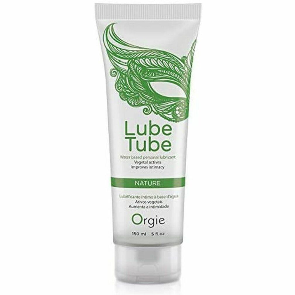 Tubo di crema con design verde e testo. Scritta: Lube Tube, Nature, Orgies. Chiusura trasparente.