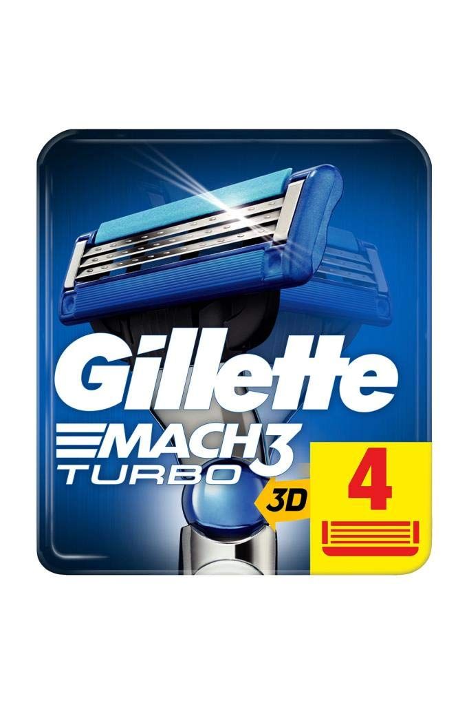 Confezione di ricambi per rasoio Gillette Mach 3 Turbo. Contiene 4 lame. Confezione blu e argento con logo e testo del prodotto.