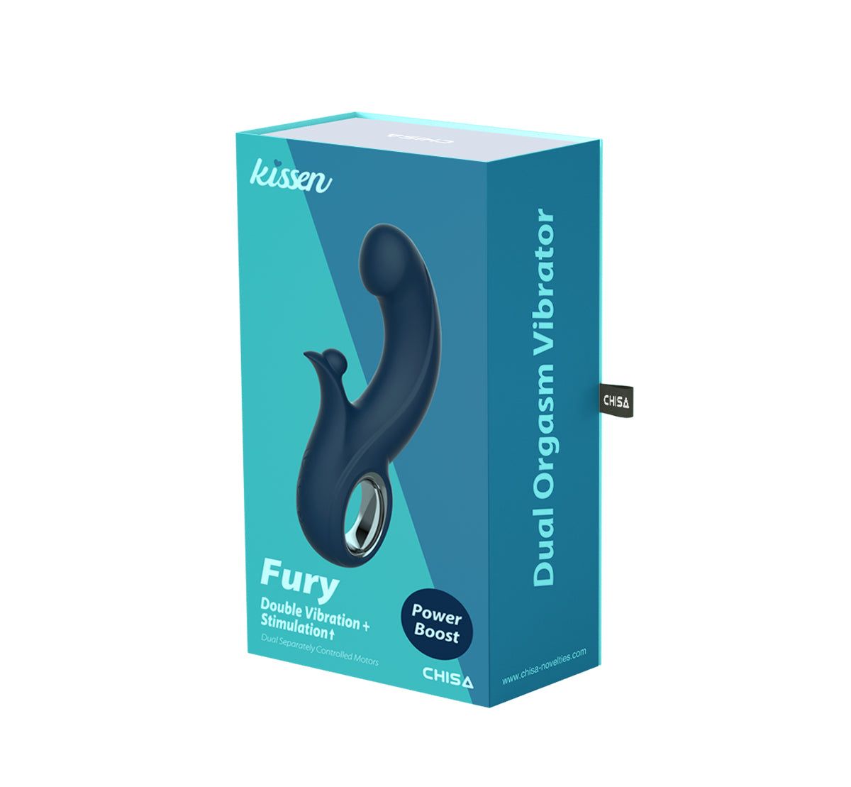 Confezione con vibratore blu. Scritta: Fury, Dual Orgasm Vibrator, Power Boost, CHISA.