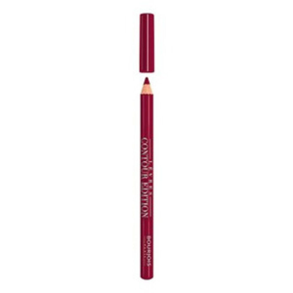 Matita labbra bordeaux con cappuccio aperto. Scritta: Lèvres Contour Edition, Bourjois Paris.