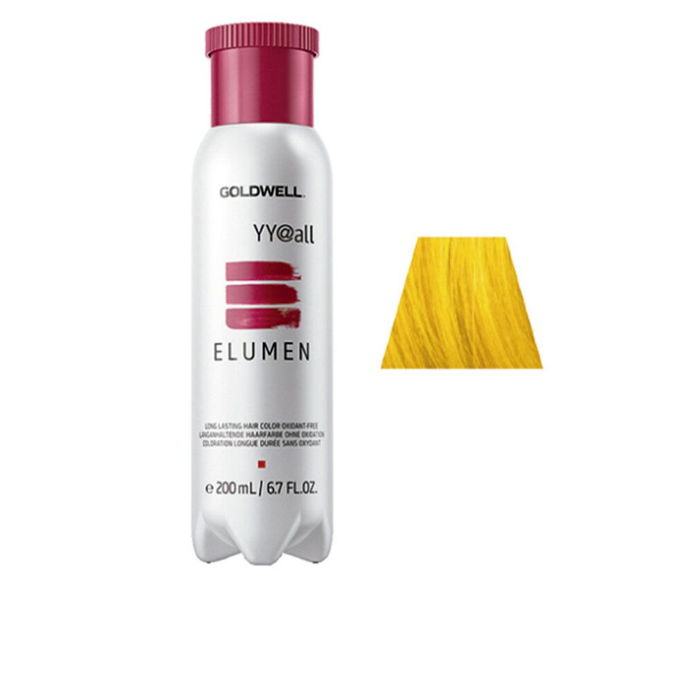 Flacone di tinta per capelli Goldwell Elumen e campione di colore giallo. Flacone bianco, tappo bordeaux.