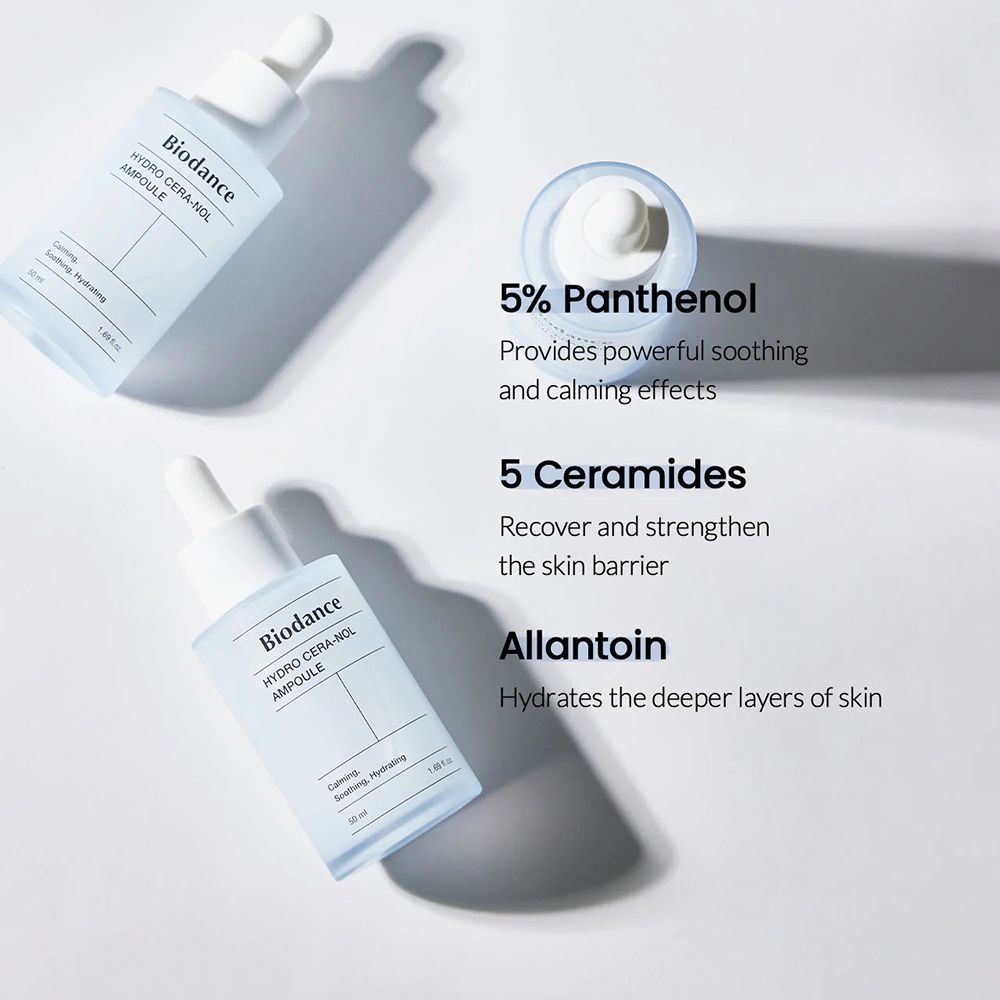 Due flaconi con tappo e pipetta bianchi. Scritta: Biodance, HYDRO CERA-NOL, AMPULE. Testo: 5% Panthenol, 5 Ceramides, Allantoin. Ambiente luminoso.