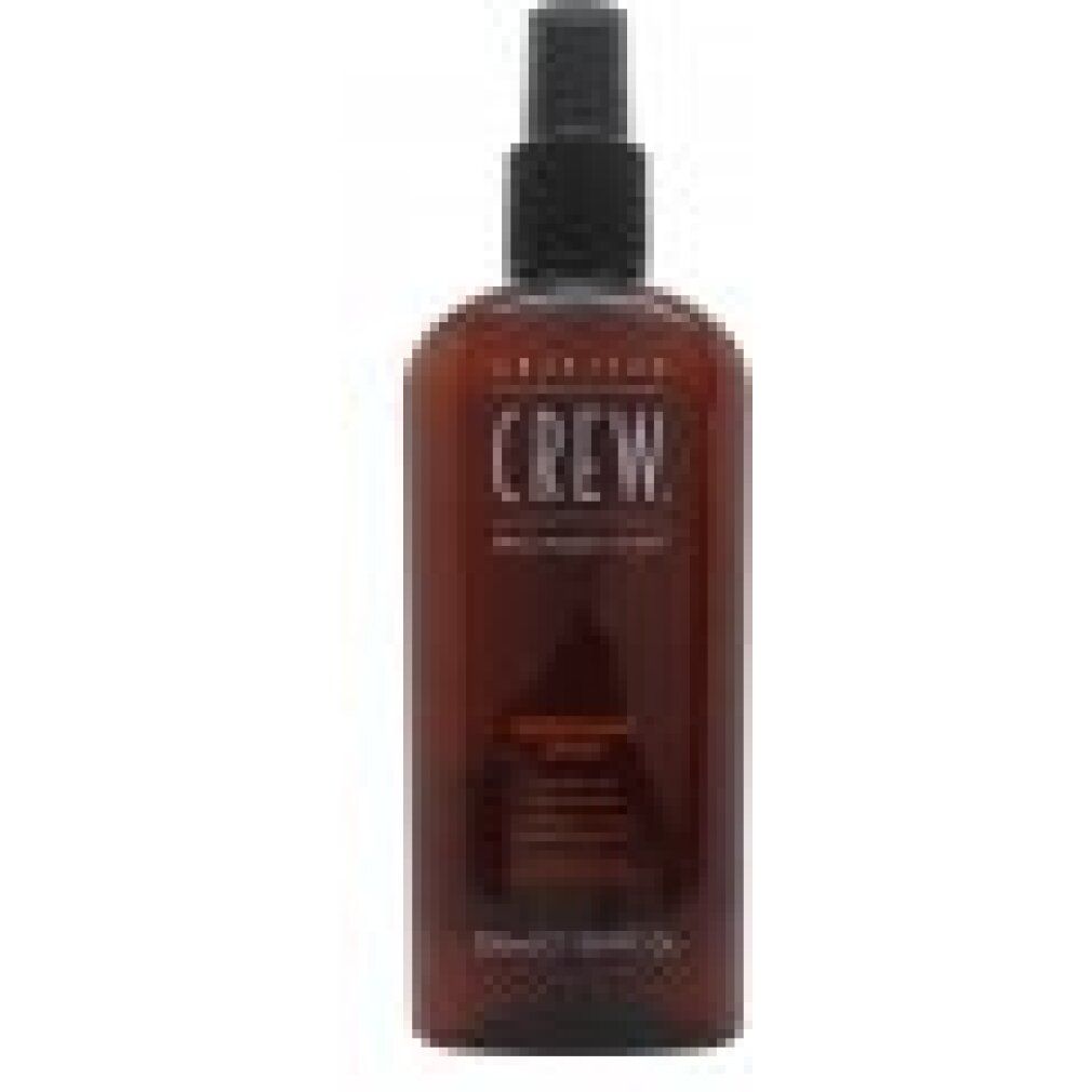Flacone marrone con erogatore nero. Scritta: AMERICAN CREW, Grooming Spray. Volume: 250ml / 8.4 fl oz.