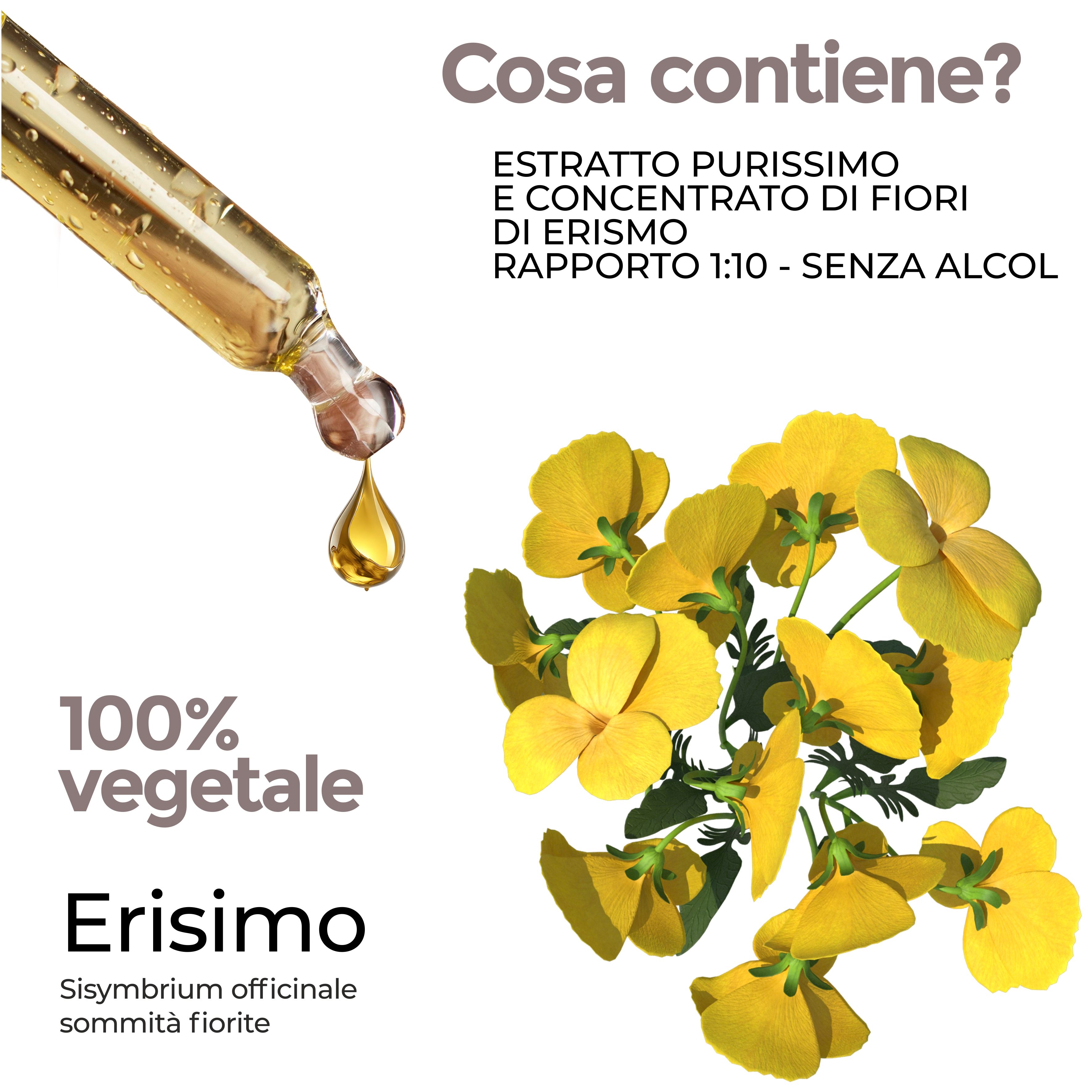 Contagocce con liquido giallo. Fiori gialli. Testo: 100% vegetale, Erisimo, Sisymbrium officinale. Senza alcool.