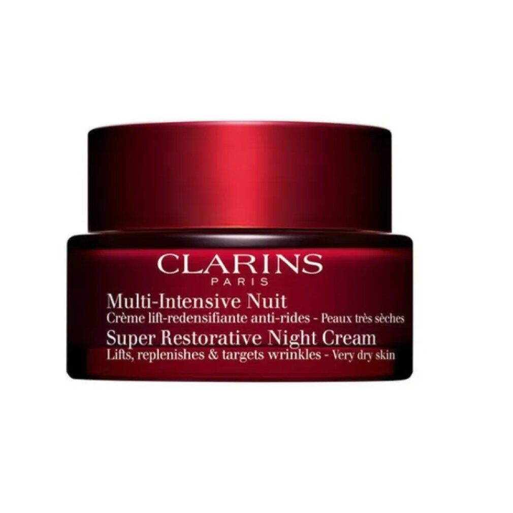 Clarins Multi-Intensive Nuit crema, vasetto rosso con coperchio nero. Testo: Super Restorative Night Cream, per pelli molto secche.