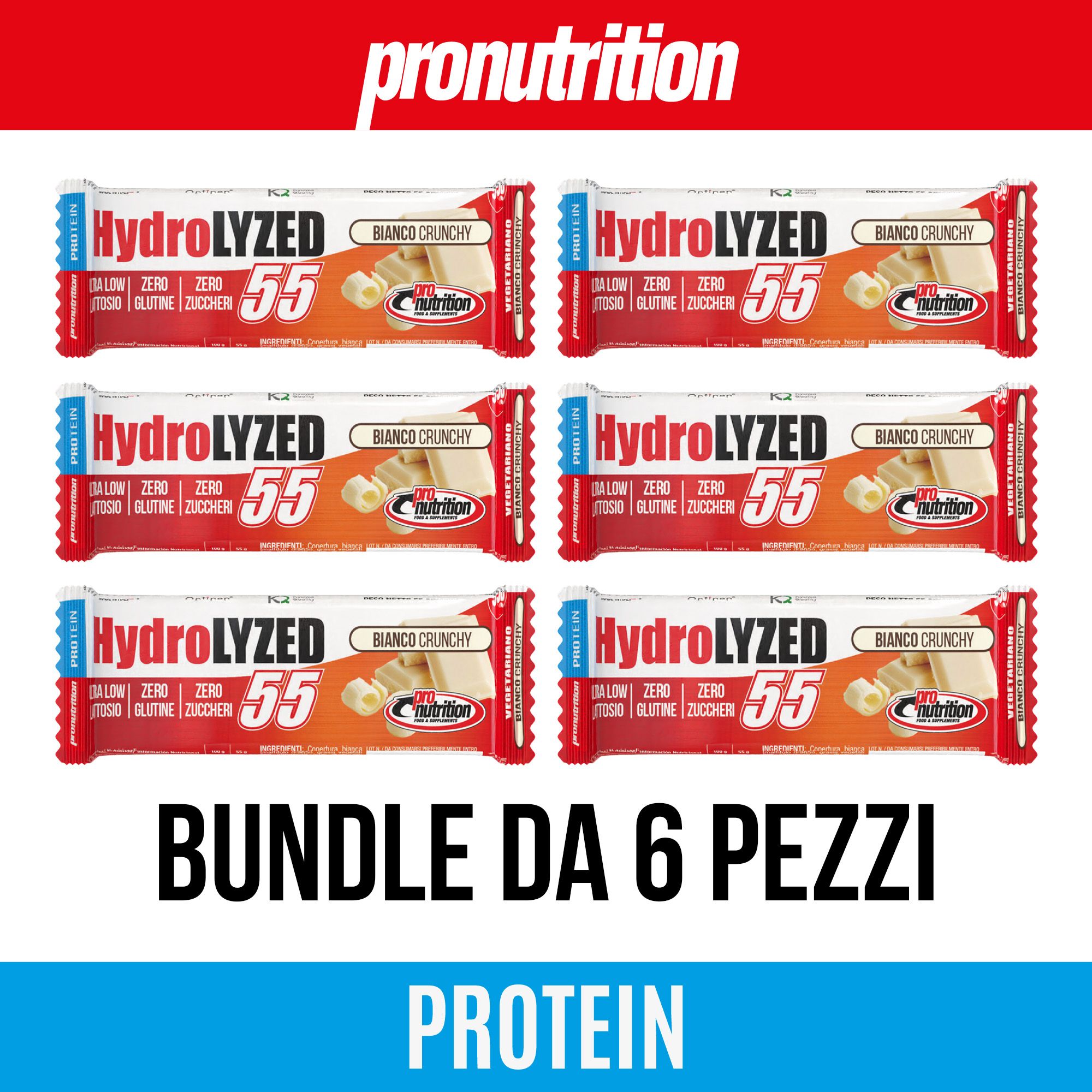 Sei barrette proteiche rosse. Scritta: HydroLYZED 55, Zero zuccheri, Senza glutine. Confezione da 6 pezzi.