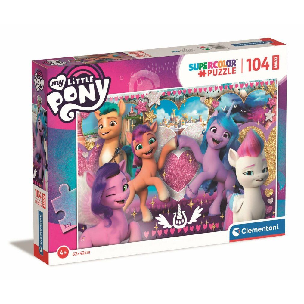 Puzzle Clementoni, My Little Pony, 104 pezzi. Sei pony su sfondo a cuore. Confezione con logo, età consigliata e pezzi del puzzle.