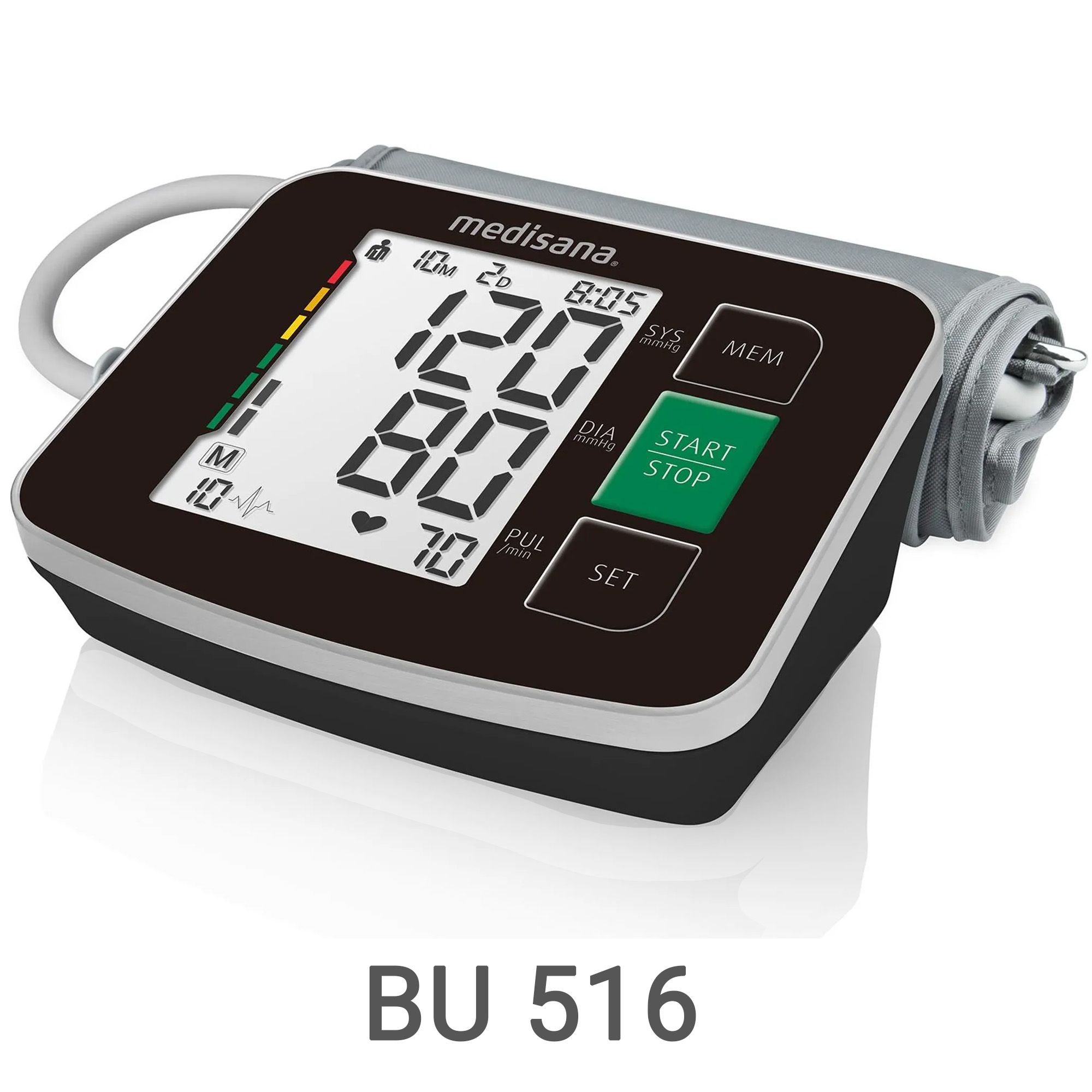 Misuratore pressione da braccio medisana BU 516 scuro con ampio display.