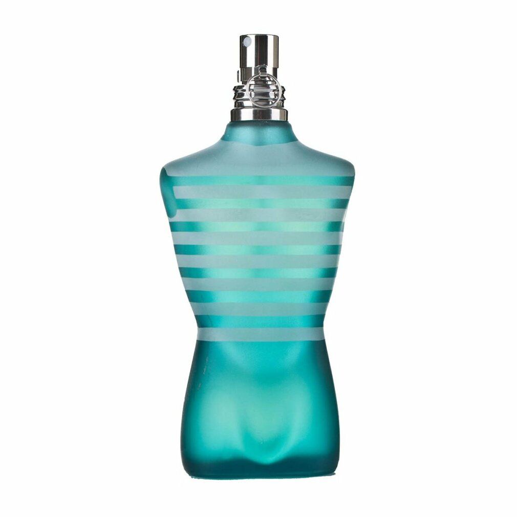 Flacone blu-verde a forma di torso con vaporizzatore argentato. Strisce orizzontali. Senza confezione.