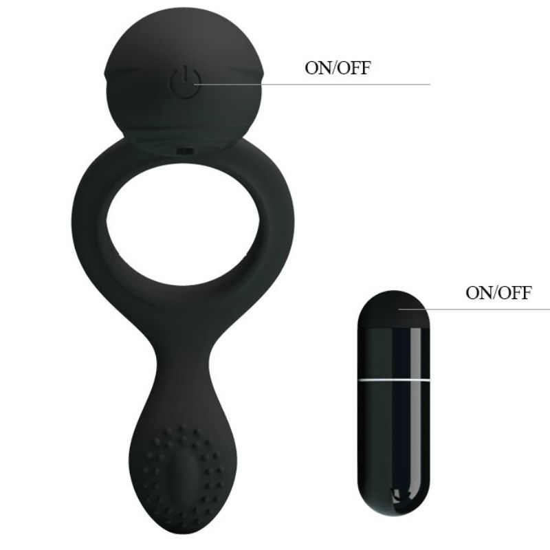 Anello vibrante in silicone nero con elemento vibrante e vibratore oblungo separato. Entrambi i prodotti con marcature ON/OFF.