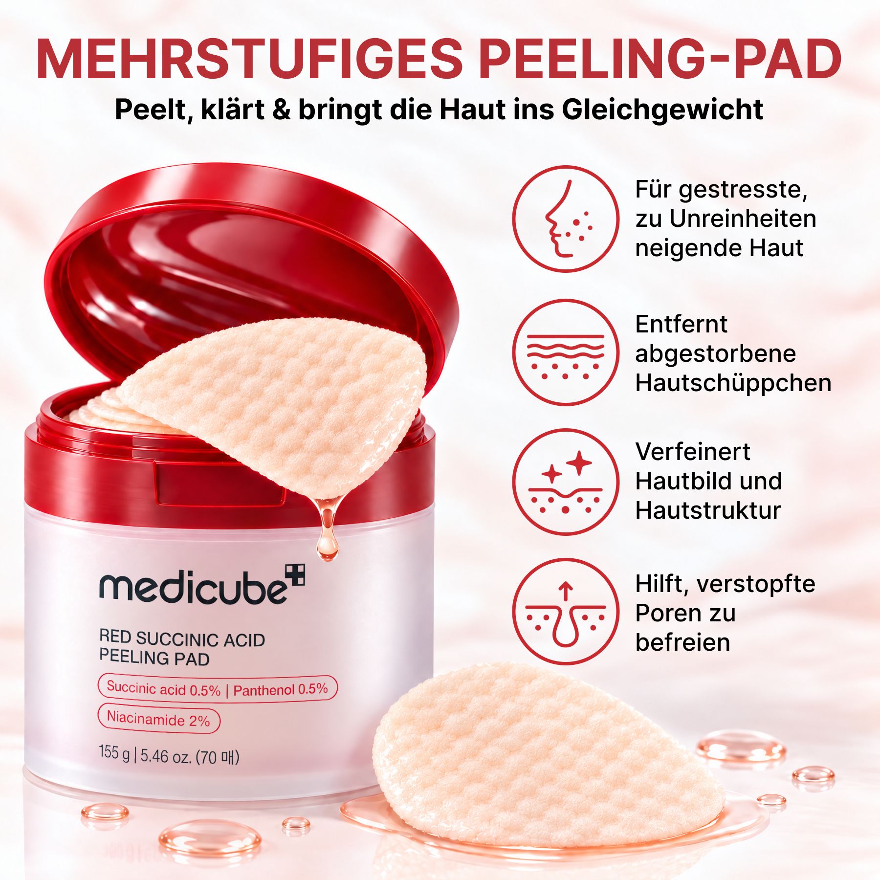 Medicube BHA, AHA Dischetti detergenti per il viso con acido succinico, niacinamide e pantenolo