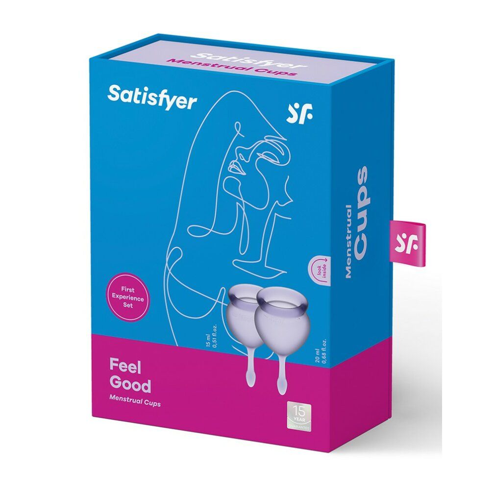 Confezione di Satisfyer Menstrual Cups. Scatola blu e rosa con immagine del prodotto e testo.